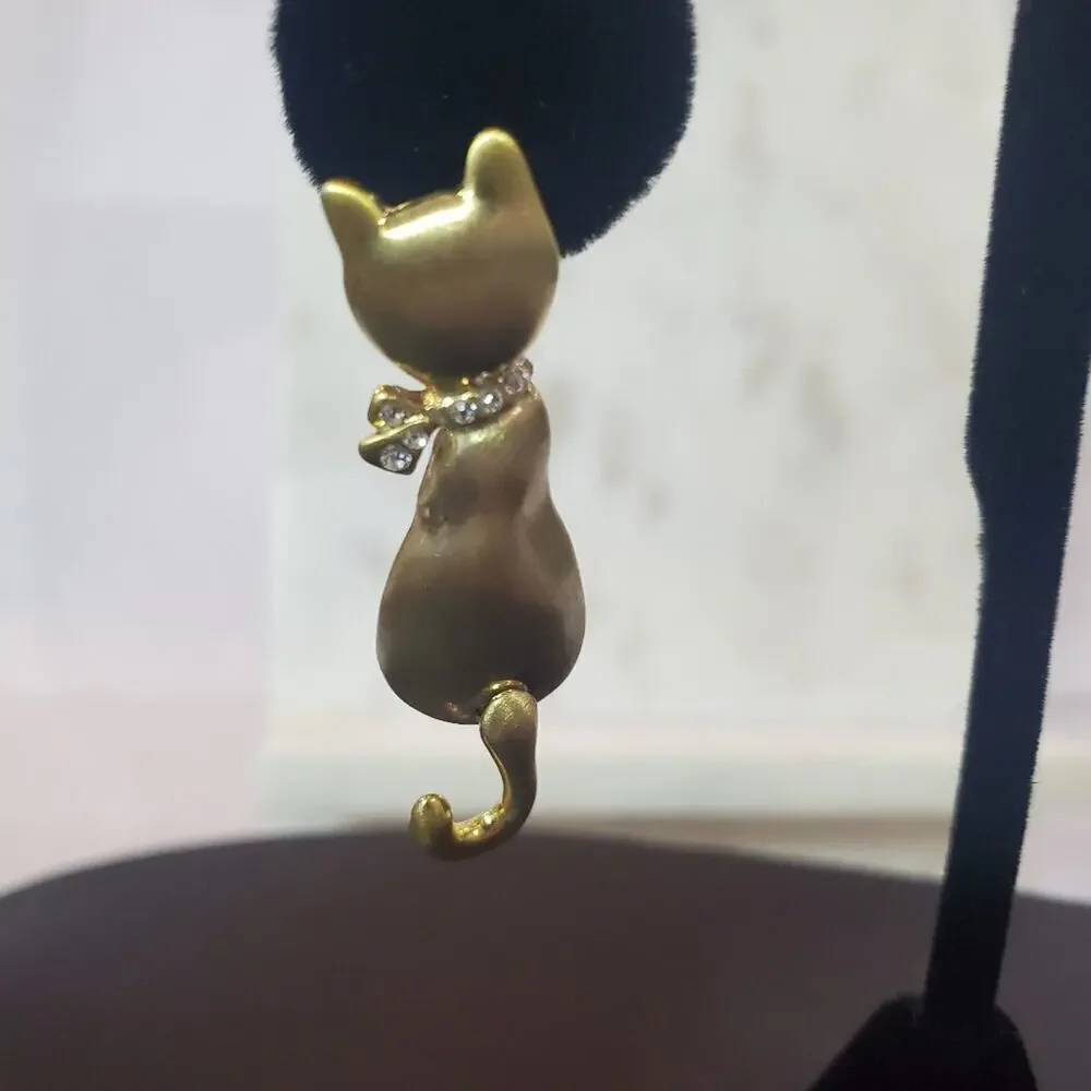 Cat Brooches Set of Two Gold Tone Pin Back Dangling Tails Rhinestone Embellished